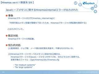 Copyright (c) 2015 Atomitech CORPORATION14
Javaヒープメモリに関するHinemosInternalエラーが出力された
事象
Hinemosマネージャのログ(hinemos_internal.log)に
「利用可能なメモリ容量が閾値を下回ったため、Hinemosマネージャの再起動を推奨する」
と出力されていた。
暫定対処
Hinemosマネージャの再起動。
恒久的対処
(1)監視項目、ジョブ数、ノード数の設定数を見直す。不要なものがないか。
(2)Hinemosマネージャサーバのメモリに余裕がある場合は、
HinemosマネージャのJavaヒープメモリのサイズを、次のどちらかに変更する。
変更対象のファイル：/opt/hinemos/etc/hinemos.cfg
・“for medium systems”
・"for large systems“
【Hinemos ver.4.1 障害系 5/9 】
 