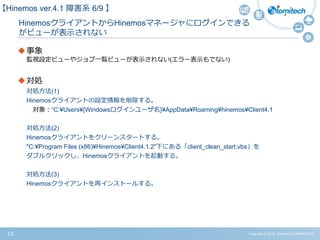 Copyright (c) 2015 Atomitech CORPORATION15
HinemosクライアントからHinemosマネージャにログインできる
がビューが表示されない
事象
監視設定ビューやジョブ一覧ビューが表示されない(エラー表示もでない)
対処
対処方法(1)
Hinemosクライアントの設定情報を削除する。
対象：“C:¥Users¥{Windowsログインユーザ名}¥AppData¥Roaming¥hinemos¥Client4.1
対処方法(2)
Hinemosクライアントをクリーンスタートする。
"C:¥Program Files (x86)¥Hinemos¥Client4.1.2"下にある「client_clean_start.vbs」を
ダブルクリックし、Hinemosクライアントを起動する。
対処方法(3)
Hinemosクライアントを再インストールする。
【Hinemos ver.4.1 障害系 6/9 】
 