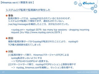 Copyright (c) 2015 Atomitech CORPORATION17
システムログ監視で監視漏れが発生した
事象
監視対象サーバでは、syslogが出力されているにもかかわらず、
システムログ監視にて検知できず、通知もされていない。
/var/log/messagesを確認したところ、次が出力されていた。
原因
複数の監視対象サーバからsyslogが転送されたことにより、 rsyslogの
TCP最大接続数を超えてしまった
対処
(1)監視対象サーバ側で、HinemosマネージャへのTCPによる
syslog転送をしないようにする
ー＞TCP514からUDP514へ変更する。
(2)マネージャサーバ側で、rsyslogのTCPセッション上限数を増やす
ー＞ rsyslog_hinemos.confを編集し、セッション数を増やす。
【Hinemos ver.4.1 障害系 8/9 】
<syslog.err> rsyslogd-2079: too many tcp sessions - dropping incoming
request [try http://www.rsyslog.com/e/2079 ]
 