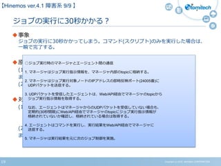 Copyright (c) 2015 Atomitech CORPORATION19
ジョブの実行に30秒かかる？
事象
ジョブの実行に30秒かかってしまう。コマンド(スクリプト)のみを実行した場合は、
一瞬で完了する。
原因
(1)即時反映用ポート(デフォルトで24005/UDP)が不通となっている。
または、
(2) Hinemosエージェントサーバで他のプロセスが24005/UDPポートを使用中
対処
(1)Hinemosマネージャサーバ ー＞ Hinemosエージェントサーバ方向の
24005/UDPの通信を許可する。
(2)24005/UDPを使用する他のプロセスを停止する。
または、
即時反映用ポートをデフォルト24005/UDPから変更する。
【Hinemos ver.4.1 障害系 9/9 】
○ジョブ実行時のマネージャとエージェント間の通信
1. マネージャはジョブ実行指示情報を、マネージャ内部のtopicに格納する。
2. マネージャはジョブ実行対象ノードのIPアドレスの即時反映ポート(24005番)に
UDPパケットを送信する。
3. UDPパケットを受信したエージェントは、Web/API経由でマネージャのtopicから
ジョブ実行指示情報を取得する。
なお、エージェントはマネージャからのUDPパケットを受信していない場合も、
定期的(30秒間隔)にWeb/API経由でマネージャのtopicにジョブ実行指示情報が
格納されていないか確認し、格納されている場合は取得する。
4. エージェントはコマンドを実行し、実行結果をWeb/API経由でマネージャに
送信する。
5. マネージャは実行結果を元に次のジョブ制御を実施。
 