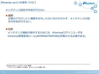 Copyright (c) 2015 Atomitech CORPORATION31
メンテナンス設定の作成が行えない
質問
対象のアカウントに権限を付与したのにもかかわらず、メンテナンスの設
定の作成が行えない。
回答
メンテナンス機能の操作するためには、Hinemosログインユーザを
Hinemos管理者用ロール(ADMINISTRATORS)所属させる必要がある。
【Hinemos ver.4.1仕様系 11/15 】
-------------------------------------------------------------------------------------------------------------------------------------------------------------------------------------
Hinemos ver4.1 ユーザマニュアル 第4版
「 12.3.2 システム権限による管理 表 12-3 システム権限一覧」
 