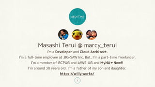 Masashi Terui @ marcy_terui
I’m a Developer and Cloud Architect.
I’m a full-time employee at JIG-SAW Inc. But, I’m a part-time freelancer.
I’m a member of GCPUG and JAWS-UG and MyNA←New!!
I’m around 30 years old. I’m a father of my son and daughter.
https://willy.works/
2
 