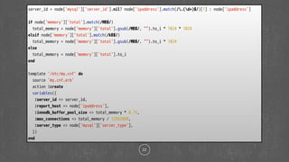 22
server_id = node['mysql']['server_id'].nil? node['ipaddress'].match(/.(d+)$/)[1] : node['ipaddress']
if node['memory']['total'].match(/MB$/)
total_memory = node['memory']['total'].gsub(/MB$/, "").to_i * 1024 * 1024
elsif node['memory']['total'].match(/kB$/)
total_memory = node['memory']['total'].gsub(/MB$/, "").to_i * 1024
else
total_memory = node['memory']['total'].to_i
end
template '/etc/my.cnf' do
source 'my.cnf.erb'
action :create
variables({
:server_id => server_id,
:report_host => node['ipaddress'],
:innodb_buffer_pool_size => total_memory * 0.75,
:max_connections => total_memory / 12582880,
:server_type => node['mysql']['server_type'],
})
end
 