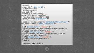 23
[mysqld]
server_id=<%= @server_id %>
log-bin=mysql-bin
log-slave-updates
gtid-mode=ON
enforce-gtid-consistency
master_info_repository=TABLE
relay_log_info_repository=TABLE
report_host=<%= @report_host %>
innodb_buffer_pool_size=<%= @innodb_buffer_pool_size %>
max_connections=<%= @max_connections %>
<% if @server_type == 'master' %>
plugin-load=rpl_semi_sync_master=semisync_master.so
rpl_semi_sync_master_enabled = 1
<% elsif @server_type == 'standby' %>
plugin-load=rpl_semi_sync_slave=semisync_slave.so
rpl_semi_sync_slave_enabled = 1
<% else @server_type == 'slave' %>
rpl_semi_sync_slave_enabled = 0
<% end %>
!includedir /etc/mysql.d
 