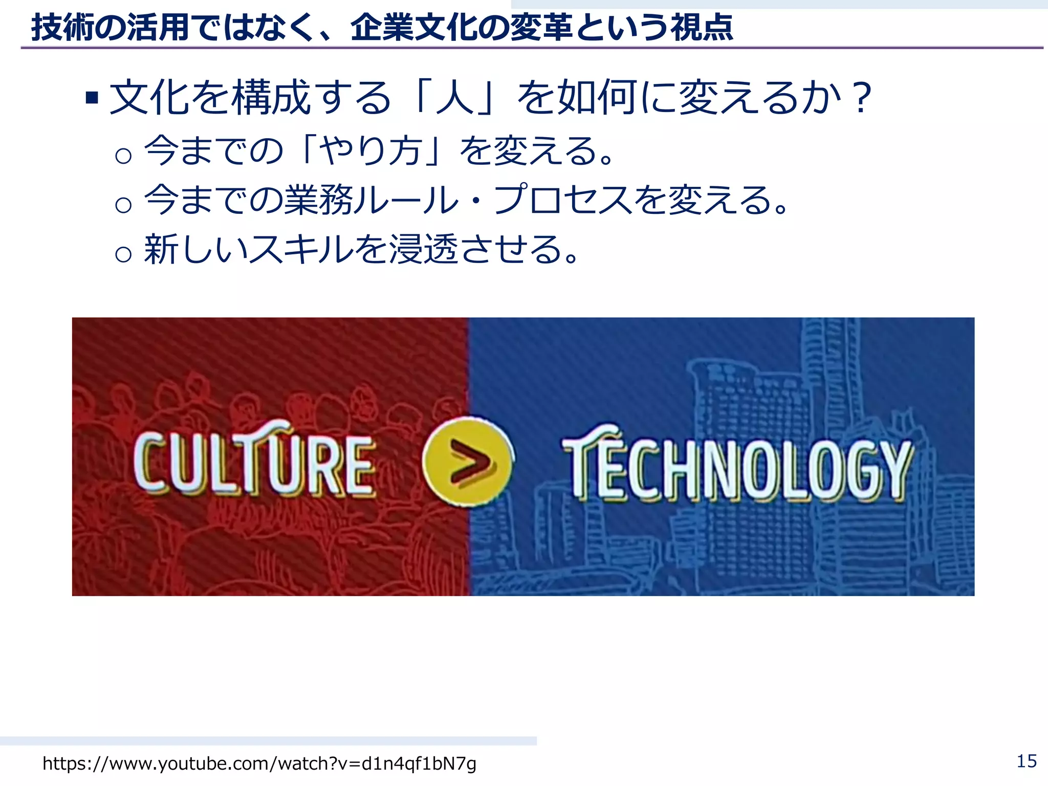 技術の活用ではなく、企業文化の変革という視点
 文化を構成する「人」を如何に変えるか？
o 今までの「やり方」を変える。
o 今までの業務ルール・プロセスを変える。
o 新しいスキルを浸透させる。
15https://www.youtube.com/watch?v=d1n4qf1bN7g
 