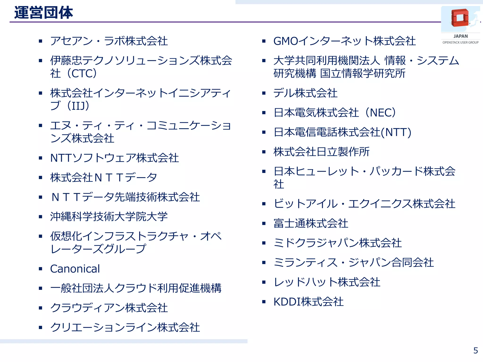 運営団体
 アセアン・ラボ株式会社
 伊藤忠テクノソリューションズ株式会
社（CTC）
 株式会社インターネットイニシアティ
ブ（IIJ）
 エヌ・ティ・ティ・コミュニケーショ
ンズ株式会社
 NTTソフトウェア株式会社
 株式会社ＮＴＴデータ
 ＮＴＴデータ先端技術株式会社
 沖縄科学技術大学院大学
 仮想化インフラストラクチャ・オペ
レーターズグループ
 Canonical
 一般社団法人クラウド利用促進機構
 クラウディアン株式会社
 クリエーションライン株式会社
5
 GMOインターネット株式会社
 大学共同利用機関法人 情報・システム
研究機構 国立情報学研究所
 デル株式会社
 日本電気株式会社（NEC）
 日本電信電話株式会社(NTT)
 株式会社日立製作所
 日本ヒューレット・パッカード株式会
社
 ビットアイル・エクイニクス株式会社
 富士通株式会社
 ミドクラジャパン株式会社
 ミランティス・ジャパン合同会社
 レッドハット株式会社
 KDDI株式会社
 