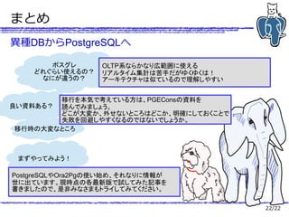 22/22
まとめ
異種DBからPostgreSQLへ
ポスグレ
どれぐらい使えるの？
なにが違うの？
良い資料ある？
移行時の大変なところ
まずやってみよう！
OLTP系ならかなり広範囲に使える
リアルタイム集計は苦手だがゆくゆくは！
アーキテクチャは似ているので理解しやすい
移行を本気で考えている方は、PGEConsの資料を
読んでみましょう。
どこが大変か、外せないところはどこか、明確にしておくことで
失敗を回避しやすくなるのではないでしょうか。
PostgreSQLやOra2Pgの使い始め、それなりに情報が
世に出ています。現時点の各最新版で試してみた記事を
書きましたので、是非みなさまもトライしてみてください。
 