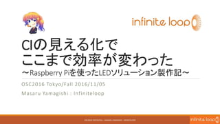 CIの見える化で
ここまで効率が変わった
～Raspberry Piを使ったLEDソリューション製作記～
OSC2016 Tokyo/Fall 2016/11/05
Masaru Yamagishi : Infiniteloop
OSC2016 TOKYO/FALL - MASARU YAMAGISHI - INFINITELOOP
 