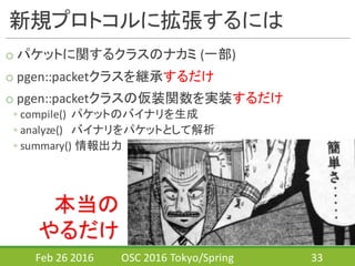 新規プロトコルに拡張するには
o パケットに関するクラスのナカミ (一部)
o pgen::packetクラスを継承するだけ
o pgen::packetクラスの仮装関数を実装するだけ
◦ compile()	
  	
  パケットのバイナリを生成
◦ analyze() バイナリをパケットとして解析
◦ summary()	
  情報出力
Feb	
  26	
  2016 OSC	
  2016	
  Tokyo/Spring 33
本当の
やるだけ
 