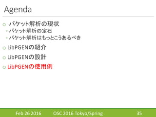 Agenda
o パケット解析の現状
◦ パケット解析の定石
◦ パケット解析はもっとこうあるべき
o LibPGENの紹介
o LibPGENの設計
o LibPGENの使用例
Feb	
  26	
  2016 OSC	
  2016	
  Tokyo/Spring 35
 
