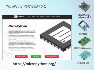 ESP8266
STM32F4 Discovery
Arduino M0
MicroPythonの方はというと…
https://micropython.org/
 
