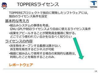 TOPPERS饤
TOPPERSץȤǶԤ_kեȥˤϣ
ԤΥ饤O
Ĥʿ
?Mzߥƥ򿼑]
GNU GPLBSD饤󥹤ɤʹ饤
?ɹ򥢥ԩ`뤹뤳Ȥ_kY@ä˿롣
ɤǤɤʹƤ뤫ʤ٤֪ꤿ
饤󥹤
?򥪩`ץ󤹤xդnʤ
؜Ӥӥͥ
?C˽MzʹäϤΌg|Ĥxդϣ
äȤ椹뤳ȤΤ.
ݩ`ȥ
14
 