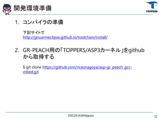 _khʂ
1. ѥΜʂ
ӛȤ
http://gnuarmeclipse.github.io/toolchain/install/
2. GR-PEACHäΡTOPPERS/ASP3`ͥ롹github
ȡä
$ git clone https://github.com/ncesnagoya/asp-gr_peach_gcc-
mbed.git
OSC2016@Nagoya 22
 