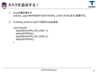 ׷Ӥ룡
1. loop򉈤䤹
arduino._app.h4ĿΡADDITIIONAL_LOOP_NUM3ˉ롣
2. multitask_arduino.cppӛloop׷
void loop3(){
digitalWrite(PIN_LED_USER, 1);
delay(INTERVAL);
digitalWrite(PIN_LED_USER, 0);
delay(INTERVAL);
}
OSC2016@Nagoya 25
 