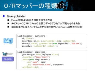 O/Rマッパーの種類(1)
QueryBuilder
 FluentAPIによりSQLを自動生成する方式
 タイプセーフなAPIでJavaの世界でデータアクセスが可能なものもある
 動的に条件を変えたりすることが可能でカバレッジもJavaの世界で可能
List<Customer> customers =
db.from(c).
innerJoin(o).on(c.customerId).is(o.customerId).
where(o.total).greaterThan(new BigDecimal("500.00")).
groupBy(c.customerId).select();
List<Customer> employees =
jdbcManager.from(Employee.class)
.innerJoin("department")
.where(new SimpleWhere()
.eq("name", name)
.eq("department.name", deptName)
.getResultList();
S2JDBC
 