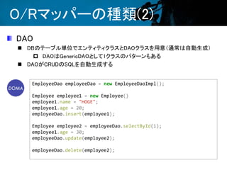 O/Rマッパーの種類(2)
DAO
 DBのテーブル単位でエンティティクラスとDAOクラスを用意（通常は自動生成）
 DAOはGenericDAOとして1クラスのパターンもある
 DAOがCRUDのSQLを自動生成する
EmployeeDao employeeDao = new EmployeeDaoImpl();
Employee employee1 = new Employee()
employee1.name = "HOGE";
employee1.age = 20;
employeeDao.insert(employee1);
Employee employee2 = employeeDao.selectById(1);
employee1.age = 30;
employeeDao.update(employee2);
employeeDao.delete(employee2);
 