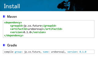 Install
<dependency>
<groupId>jp.co.future</groupId>
<artifactId>uroborosql</artifactId>
<version>0.1.0</version>
</dependency>
Maven
Gradle
compile group: jp.co.future, name: uroborosql, version: 0.1.0
 