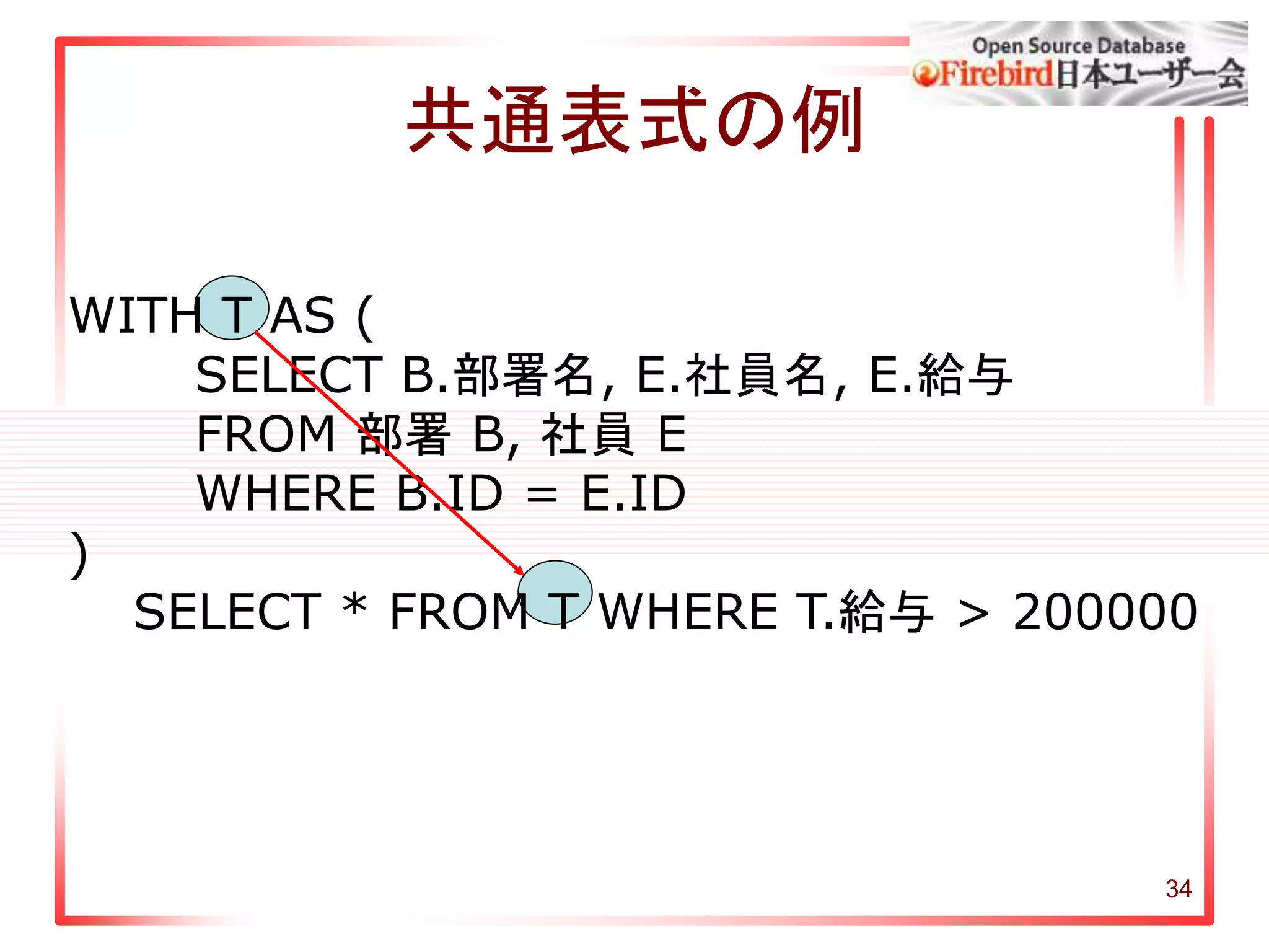 34
共通表式の例
WITH T AS (
SELECT B.部署名, E.社員名, E.給与
FROM 部署 B, 社員 E
WHERE B.ID = E.ID
)
SELECT * FROM T WHERE T.給与 > 200000
 
