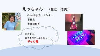 CoderDojo光 メンター
事務員
工作が好き
めざすは、
電子工作ギャルユニット
ギャル電
えっちゃん （金江 浩美）
 