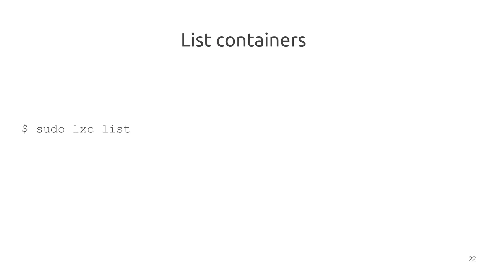 List containers
$ sudo lxc list
22
 