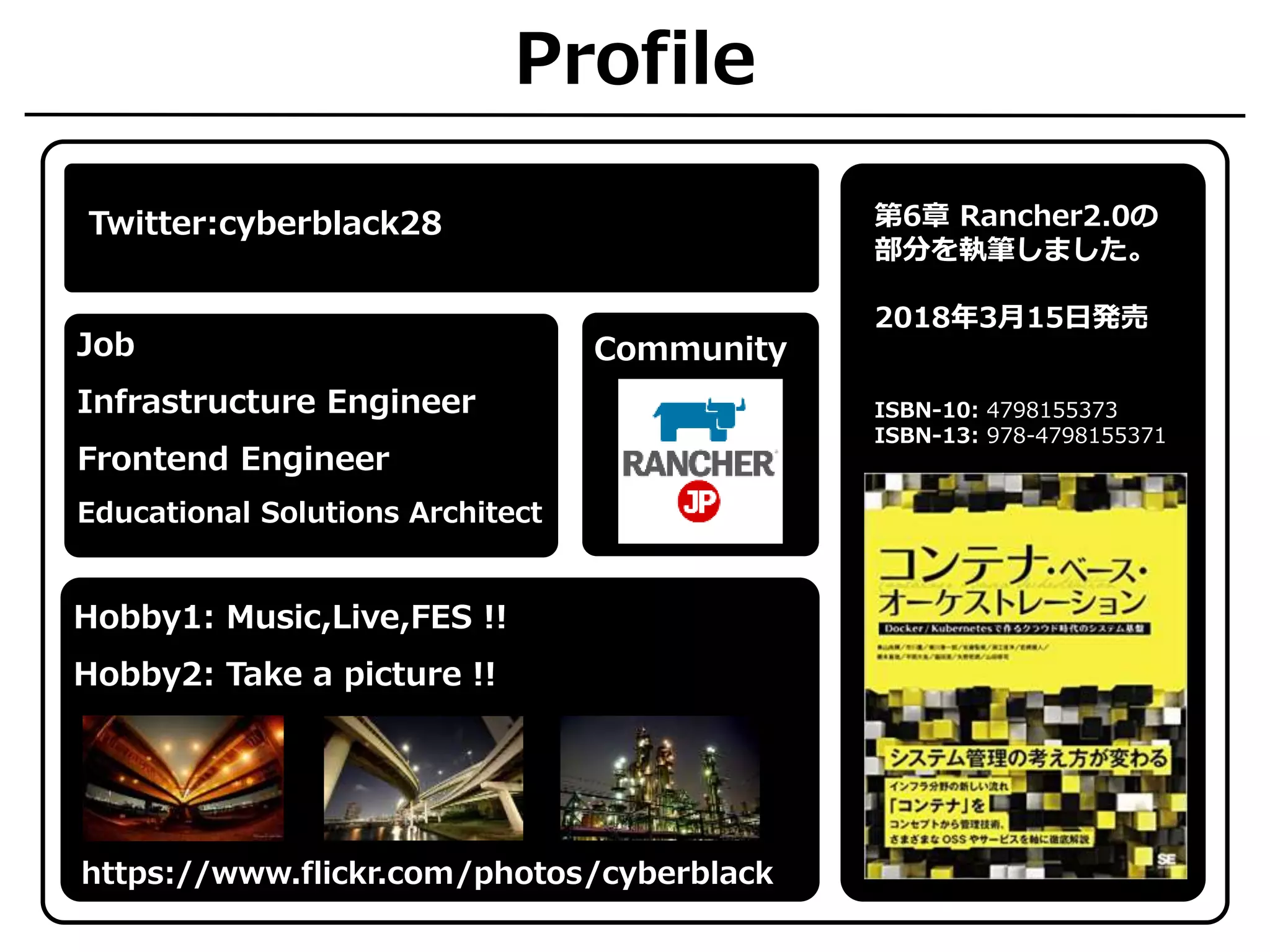 Profile
Twitter:cyberblack28
Job
Infrastructure Engineer
Frontend Engineer
Educational Solutions Architect
Community
Hobby1: Music,Live,FES !!
Hobby2: Take a picture !!
https://www.flickr.com/photos/cyberblack
ISBN-10: 4798155373
ISBN-13: 978-4798155371
第6章 Rancher2.0の
部分を執筆しました。
2018年3月15日発売
 