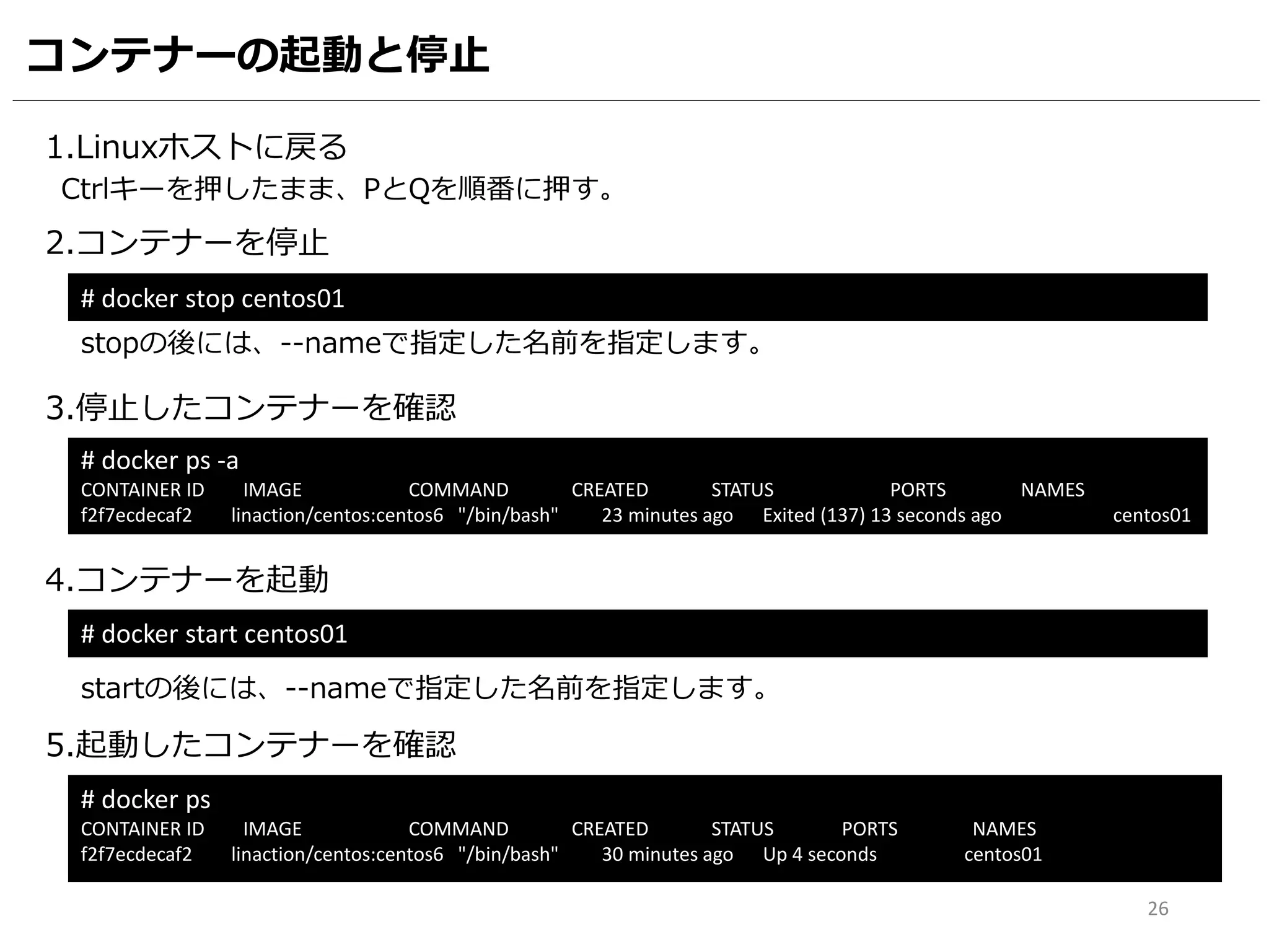 コンテナーの起動と停止
1.Linuxホストに戻る
2.コンテナーを停止
# docker stop centos01
Ctrlキーを押したまま、PとQを順番に押す。
stopの後には、--nameで指定した名前を指定します。
3.停止したコンテナーを確認
4.コンテナーを起動
startの後には、--nameで指定した名前を指定します。
# docker start centos01
# docker ps -a
CONTAINER ID IMAGE COMMAND CREATED STATUS PORTS NAMES
f2f7ecdecaf2 linaction/centos:centos6 "/bin/bash" 23 minutes ago Exited (137) 13 seconds ago centos01
5.起動したコンテナーを確認
# docker ps
CONTAINER ID IMAGE COMMAND CREATED STATUS PORTS NAMES
f2f7ecdecaf2 linaction/centos:centos6 "/bin/bash" 30 minutes ago Up 4 seconds centos01
26
 