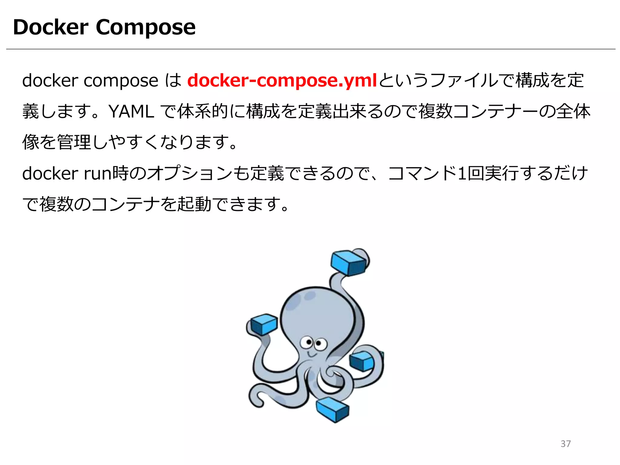 Docker Compose
37
docker compose は docker-compose.ymlというファイルで構成を定
義します。YAML で体系的に構成を定義出来るので複数コンテナーの全体
像を管理しやすくなります。
docker run時のオプションも定義できるので、コマンド1回実行するだけ
で複数のコンテナを起動できます。
 