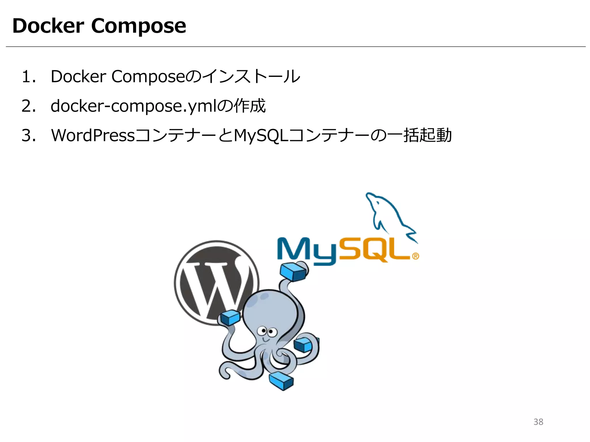 Docker Compose
38
1. Docker Composeのインストール
2. docker-compose.ymlの作成
3. WordPressコンテナーとMySQLコンテナーの一括起動
 