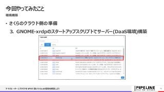 今回やってみたこと
環境構築
• さくらのクラウド側の準備
3. GNOME-xrdpのスタートアップスクリプトでサーバー(DaaS環境)構築
ヤマハルーターとクラウドをVPNで繋いでDaaS環境を構築しよう 23
 