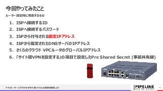 今回やってみたこと
ルーター設定時に用意するもの
1. ISPへ接続するID
2. ISPへ接続するパスワード
3. ISPから付与される固定IPアドレス
4. ISPから指定されたDNSサーバのIPアドレス
5. さくらのクラウド VPCルータのグローバルIPアドレス
6. 「サイト間VPNを設定する」の項目で設定したPre Shared Secret (事前共有鍵)
ヤマハルーターとクラウドをVPNで繋いでDaaS環境を構築しよう 25
 