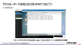 ヤマハルーターで自宅とさくらをVPNでつなごう！
とってもかんたん！
ヤマハルーターとクラウドをVPNで繋いでDaaS環境を構築しよう 27
スタートアップスクリプト「GNOME-xrdp」 で立ち上げたサーバーに自宅からRDP接続
 
