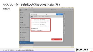 ヤマハルーターで自宅とさくらをVPNでつなごう！
セキュア！
ヤマハルーターとクラウドをVPNで繋いでDaaS環境を構築しよう 29
 