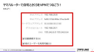 ヤマハルーターで自宅とさくらをVPNでつなごう！
セキュア！
ヤマハルーターとクラウドをVPNで繋いでDaaS環境を構築しよう 30
 