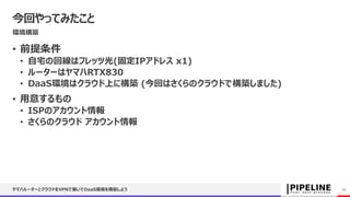今回やってみたこと
環境構築
• 前提条件
• 自宅の回線はフレッツ光(固定IPアドレス x1)
• ルーターはヤマハRTX830
• DaaS環境はクラウド上に構築 (今回はさくらのクラウドで構築しました)
• 用意するもの
• ISPのアカウント情報
• さくらのクラウド アカウント情報
ヤマハルーターとクラウドをVPNで繋いでDaaS環境を構築しよう 25
 