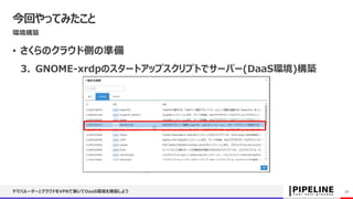 今回やってみたこと
環境構築
• さくらのクラウド側の準備
3. GNOME-xrdpのスタートアップスクリプトでサーバー(DaaS環境)構築
ヤマハルーターとクラウドをVPNで繋いでDaaS環境を構築しよう 30
 