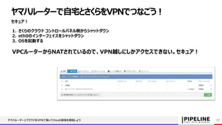 ヤマハルーターとクラウドをVPNで繋いでDaaS環境を構築しよう 37
1. さくらのクラウド コントロールパネル側からシャットダウン
2. eth0のインターフェイスをシャットダウン
3. OSを起動する
VPCルーターからNATされているので、VPN越しにしかアクセスできない。セキュア！
ヤマハルーターで自宅とさくらをVPNでつなごう！
セキュア！
 