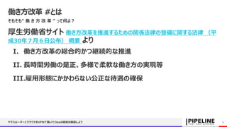 働き方改革 #とは
そもそも“ 働 き 方 改 革 ” って何よ？
厚生労働省サイト 働き方改革を推進するための関係法律の整備に関する法律 （平
成30年７月６日公布） 概要 より
I. 働き方改革の総合的かつ継続的な推進
II. 長時間労働の是正、多様で柔軟な働き方の実現等
III.雇用形態にかかわらない公正な待遇の確保
ヤマハルーターとクラウドをVPNで繋いでDaaS環境を構築しよう 9
 