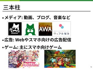 三本柱
•メディア: 動画、ブログ、⾳楽など 
 
•広告: Webやスマホ向けの広告配信
•ゲーム: 主にスマホ向けゲーム
16
 