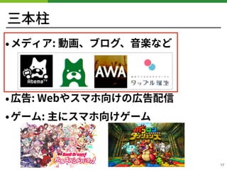 三本柱
•メディア: 動画、ブログ、⾳楽など 
 
•広告: Webやスマホ向けの広告配信
•ゲーム: 主にスマホ向けゲーム
17
 