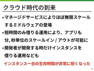 クラウド時代の到来
•マネージドサービスによりほぼ無限スケール
するミドルウェアの登場
•短時間のみ借りる運⽤により、アプリも 
分, 秒単位のスケールイン / アウトが可能に
•開発者が開発する時だけインスタンスを 
借りる運⽤なども
35
インスタンス⼀台の⽣存時間が⾮常に短くなった
 