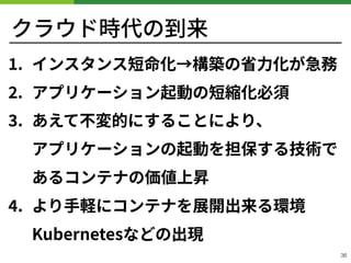 クラウド時代の到来
. インスタンス短命化→構築の省⼒化が急務
. アプリケーション起動の短縮化必須
. あえて不変的にすることにより、 
アプリケーションの起動を担保する技術で
あるコンテナの価値上昇
. より⼿軽にコンテナを展開出来る環境 
Kubernetesなどの出現
36
 