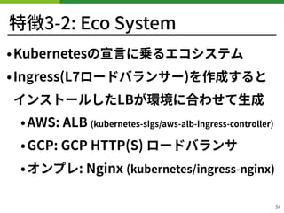 特徴3-2: Eco System
•Kubernetesの宣⾔に乗るエコシステム
•Ingress(L ロードバランサー)を作成すると 
インストールしたLBが環境に合わせて⽣成
•AWS: ALB (kubernetes-sigs/aws-alb-ingress-controller)
•GCP: GCP HTTP(S) ロードバランサ
•オンプレ: Nginx (kubernetes/ingress-nginx)
54
 