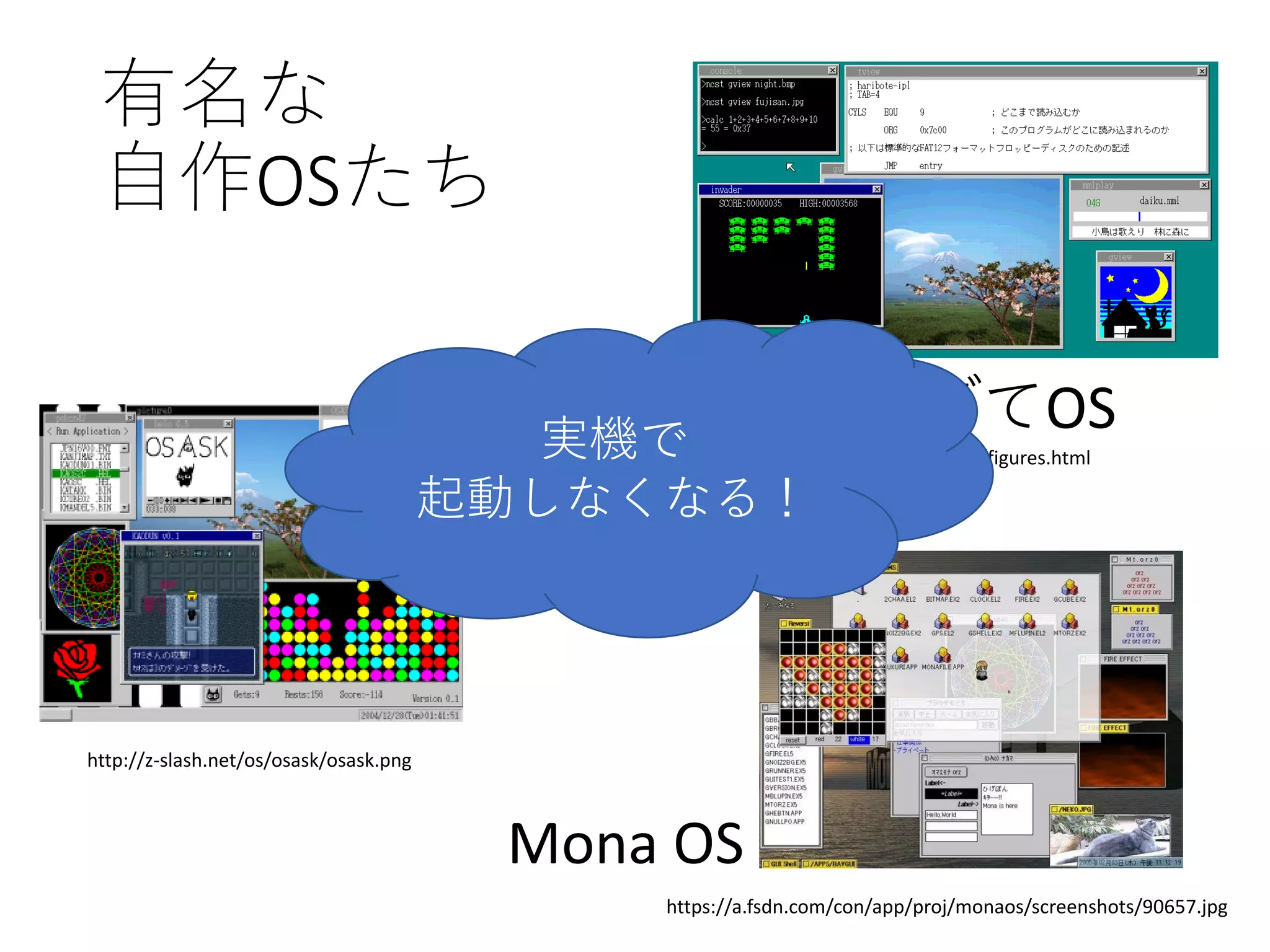 有名な
自作OSたち
http://z-slash.net/os/osask/osask.png
OSASK
Mona OS
https://a.fsdn.com/con/app/proj/monaos/screenshots/90657.jpg
はりぼてOS
http://hrb.osask.jp/figures.html実機で
起動しなくなる！
 