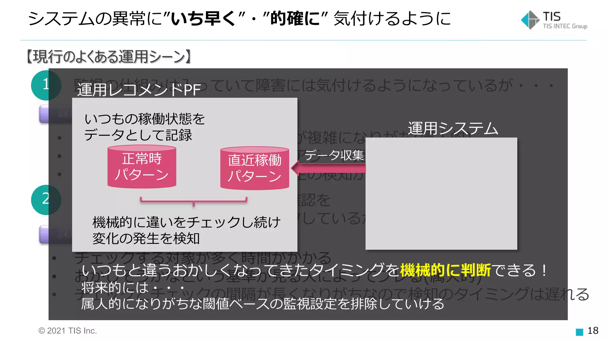 © 2021 TIS Inc. 18
システムの異常に”いち早く”・”的確に” 気付けるように
【現行のよくある運用シーン】
1 監視の仕組みは入っていて障害には気付けるようになっているが・・・
課題
• 閾値ベースの設定が中心で調整が複雑になりがち(属人的)
• 閾値を厳しくしすぎると大量のアラート発生
• 閾値をゆるくしすぎると障害発生の検知が遅れる
2 おかしくなってきていないかの確認を
週次や月次で目検チェックしているが・・・
課題
• チェックする対象が多く時間がかかる
• おかしそうかなという基準が見る人によってブレる(属人的)
• チェックとチェックの間隔が長くなりがちなので検知のタイミングは遅れる
運用レコメンドPF
運用システム
正常時
パターン
いつもの稼働状態を
データとして記録
直近稼働
パターン
データ収集
機械的に違いをチェックし続け
変化の発生を検知
いつもと違うおかしくなってきたタイミングを機械的に判断できる！
将来的には・・・
属人的になりがちな閾値ベースの監視設定を排除していける
 