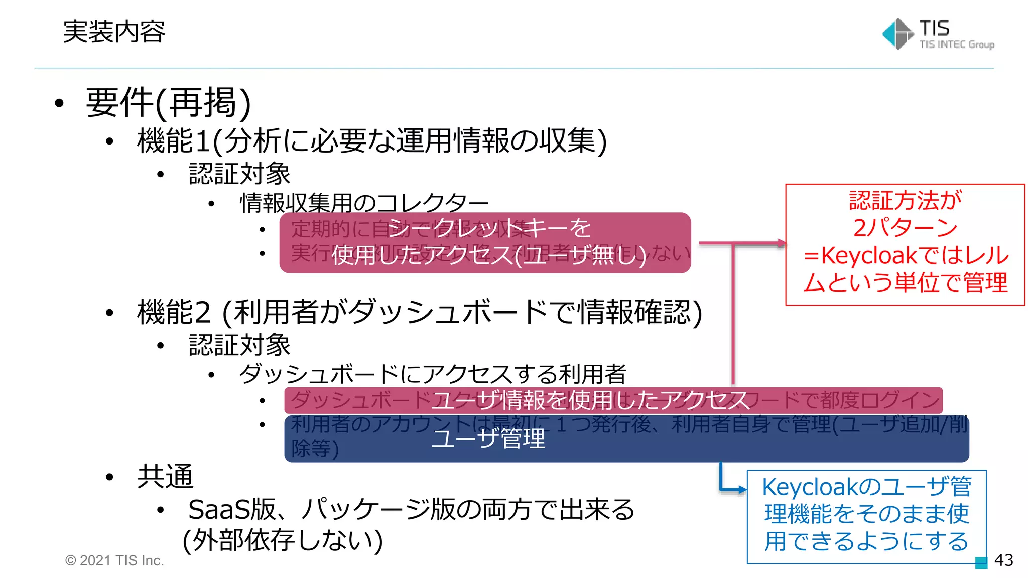 © 2021 TIS Inc. 43
実装内容
• 要件(再掲)
• 機能1(分析に必要な運用情報の収集)
• 認証対象
• 情報収集用のコレクター
• 定期的に自動で情報を収集
• 実行時の初回設定以降、利用者は操作しない
• 機能2 (利用者がダッシュボードで情報確認)
• 認証対象
• ダッシュボードにアクセスする利用者
• ダッシュボードアクセス時に利用者はユーザ/パスワードで都度ログイン
• 利用者のアカウントは最初に１つ発行後、利用者自身で管理(ユーザ追加/削
除等)
• 共通
• SaaS版、パッケージ版の両方で出来る
(外部依存しない)
ユーザ情報を使用したアクセス
ユーザ管理
シークレットキーを
使用したアクセス(ユーザ無し)
認証方法が
2パターン
=Keycloakではレル
ムという単位で管理
Keycloakのユーザ管
理機能をそのまま使
用できるようにする
 