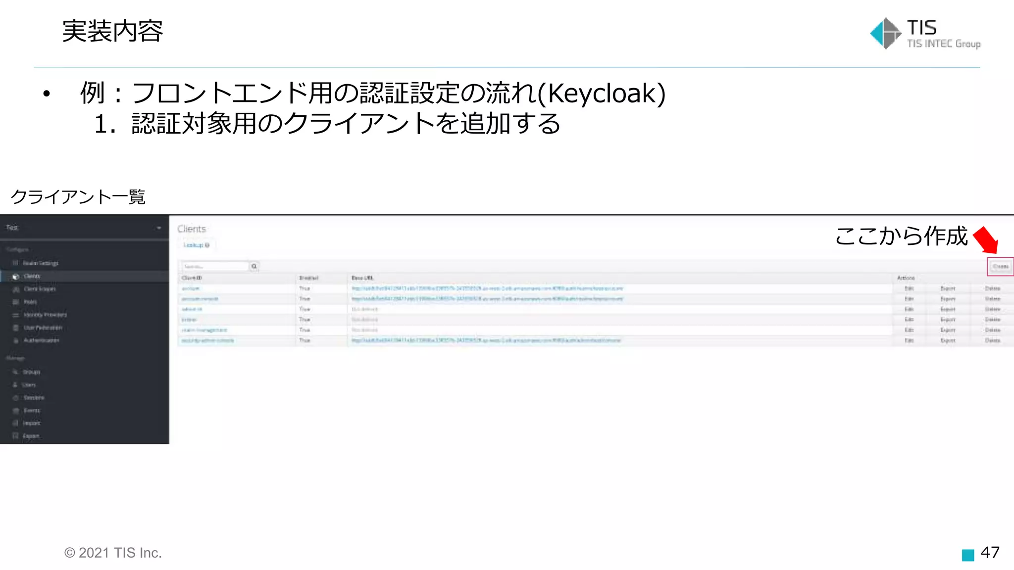 © 2021 TIS Inc. 47
実装内容
クライアント一覧
ここから作成
• 例：フロントエンド用の認証設定の流れ(Keycloak)
1. 認証対象用のクライアントを追加する
 