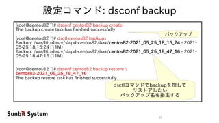 25
設定コマンド: dsconf backup
[root@centos82 ~]# dsconf centos82 backup create
The backup create task has finished successfully
[root@centos82 ~]# dsctl centos82 backups
Backup: /var/lib/dirsrv/slapd-centos82/bak/centos82-2021_05_25_18_15_24 - 2021-
05-25 18:15:24 (11M)
Backup: /var/lib/dirsrv/slapd-centos82/bak/centos82-2021_05_25_18_47_16 - 2021-
05-25 18:47:16 (11M)
[root@centos82 ~]# dsconf centos82 backup restore 
centos82-2021_05_25_18_47_16
The backup restore task has finished successfully
dsctlコマンドでbackupを探して
リストアしたい
バックアップ名を指定する
バックアップ
 