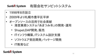 54
有限会社サンビットシステム
• 1998年8月設立　
• 2009年より札幌市豊平区平岸
• オープンソースの活用で社会貢献
●
港営業務システム「あまつみ®」の開発・運用
●
ShapeLDAP開発、販売
●
ITインフラ構築、ITシステム設計支援
●
ソフトウエア受託開発,パッケージ開発
●
IT教育など
 