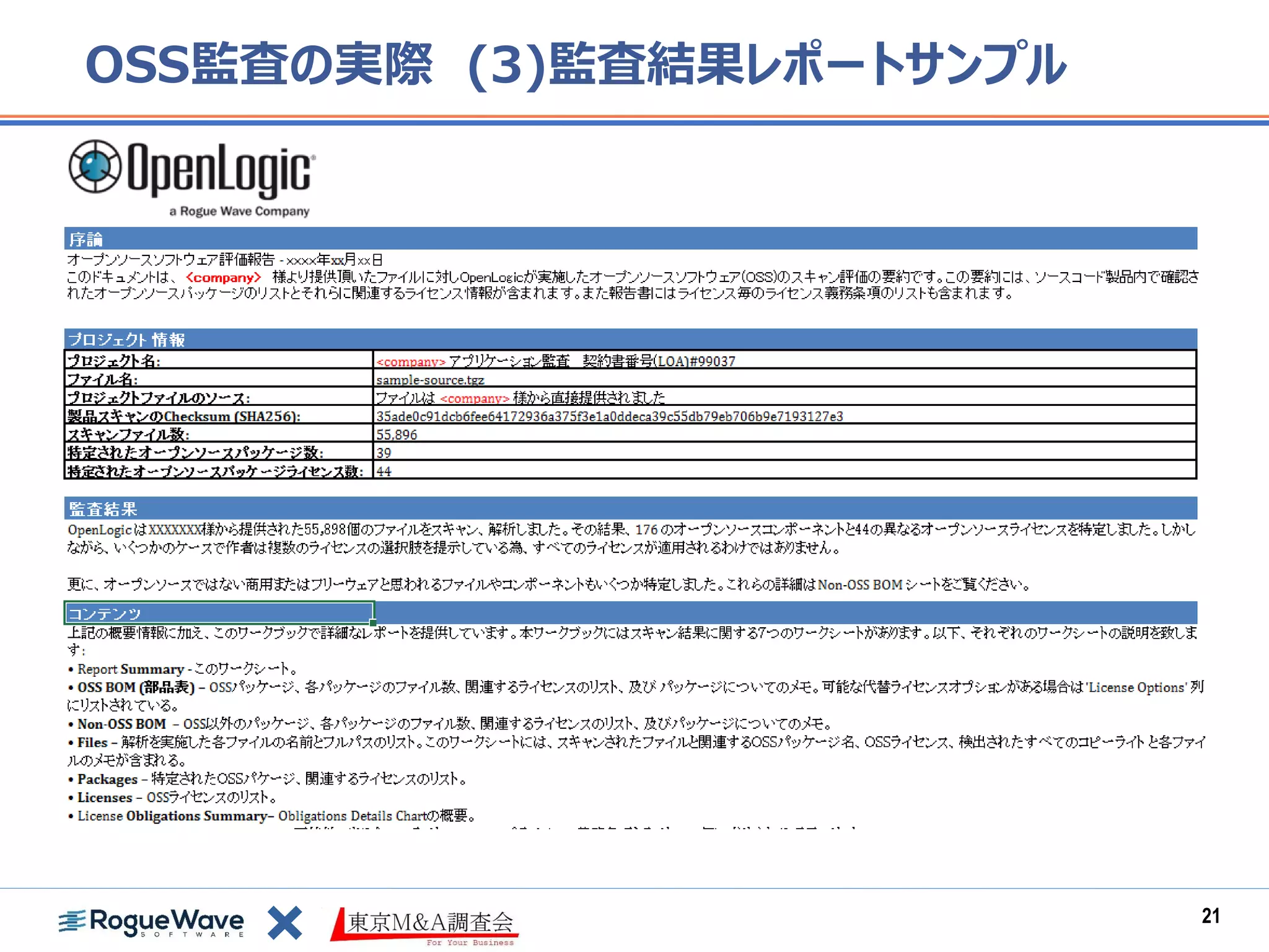 OSS監査の実際 (3)監査結果レポートサンプル
21
 