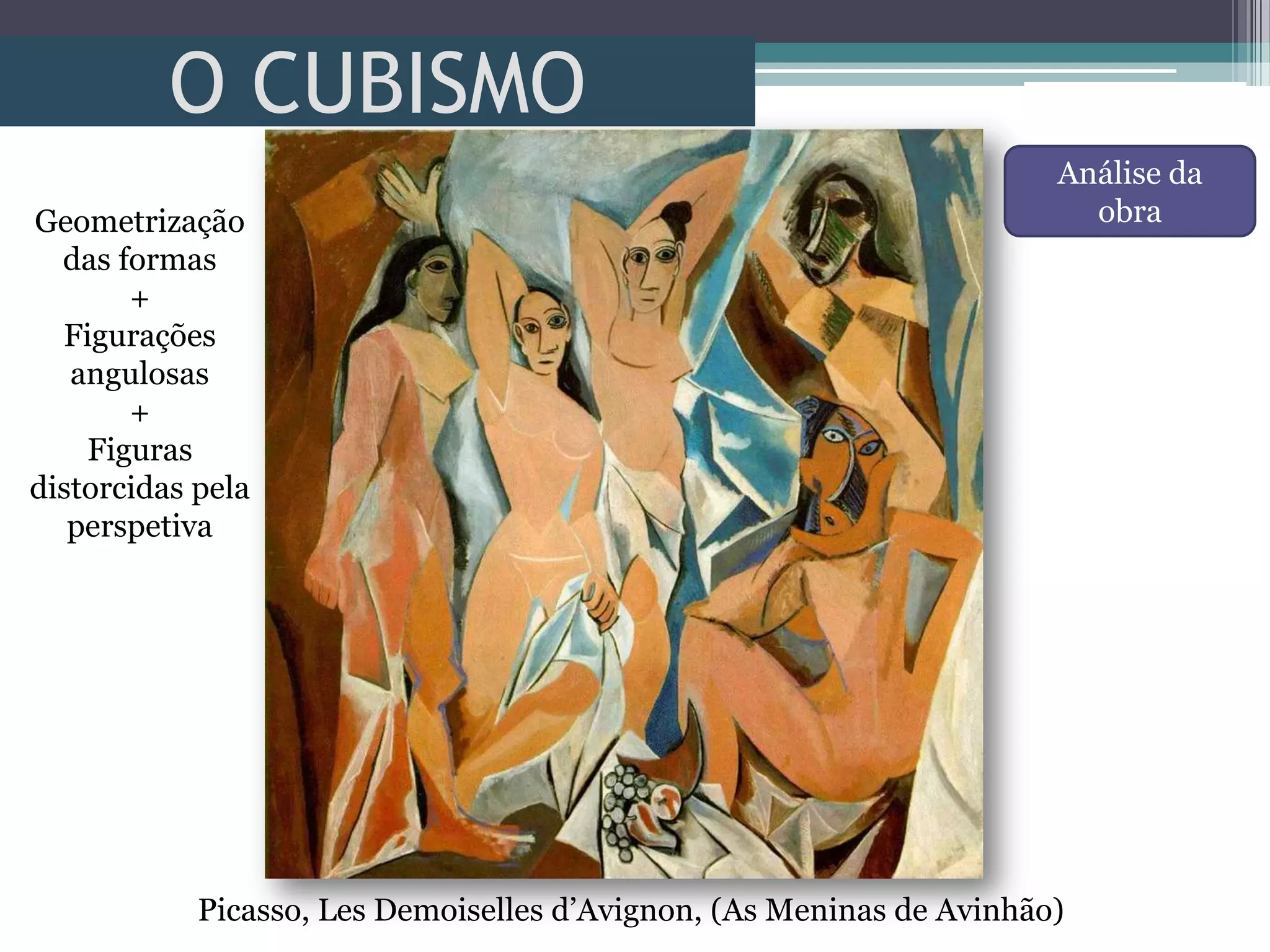 O CUBISMO
Picasso, Les Demoiselles d’Avignon, (As Meninas de Avinhão)
Geometrização
das formas
+
Figurações
angulosas
+
Figuras
distorcidas pela
perspetiva
Análise da
obra
 